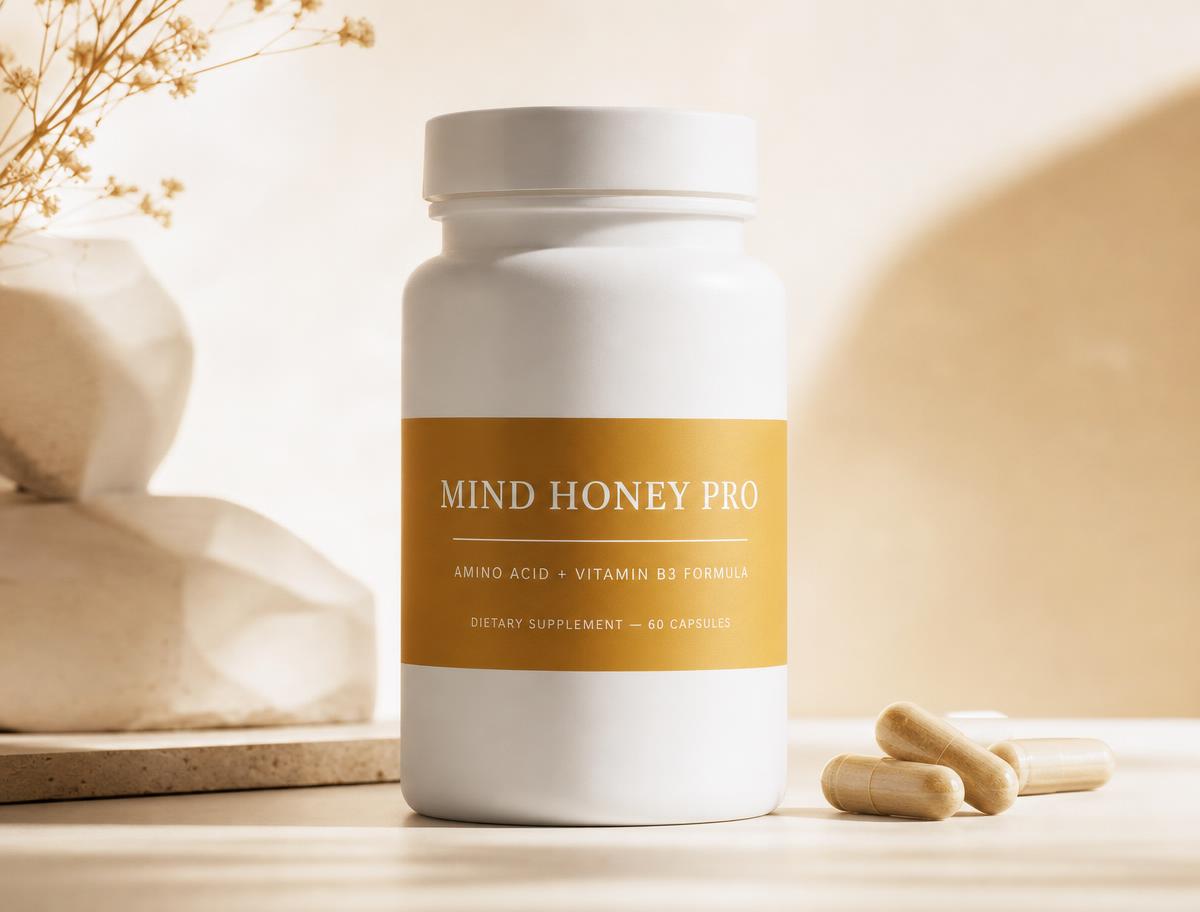 A bottle of Mind Honey Pro, a daily circulation and endurance supplement